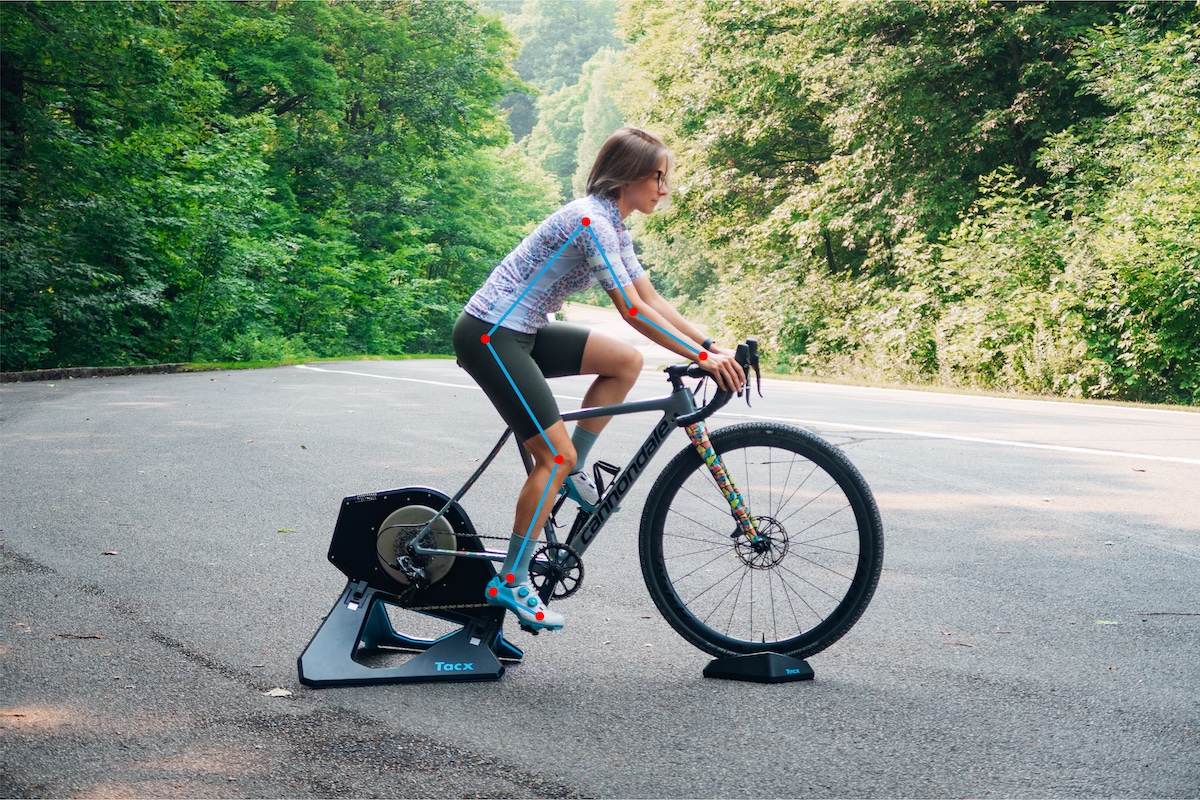 A road cyclist with the AI-generated wireframe overlay