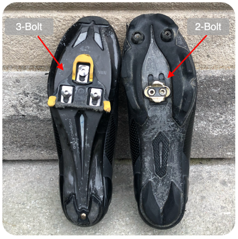 Example of 3-Bolt SPD-SL cleat (left) and 2-bolt Crank Brothers cleat (right)